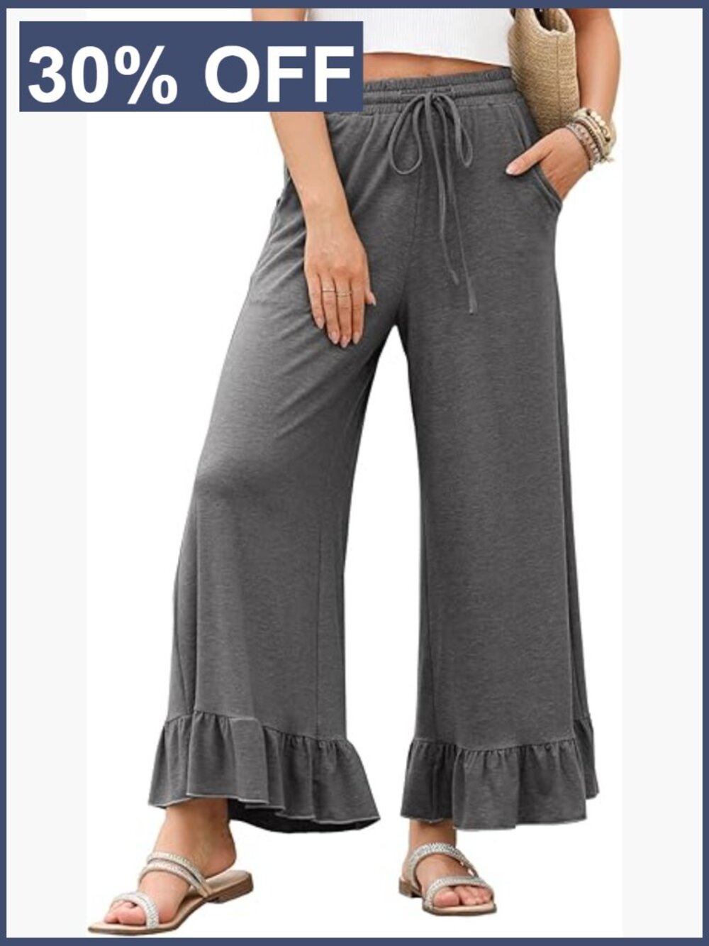Wide Leg Pants Drawstring Elastic High Waisted Ruffle Hem Palazzo Pants with